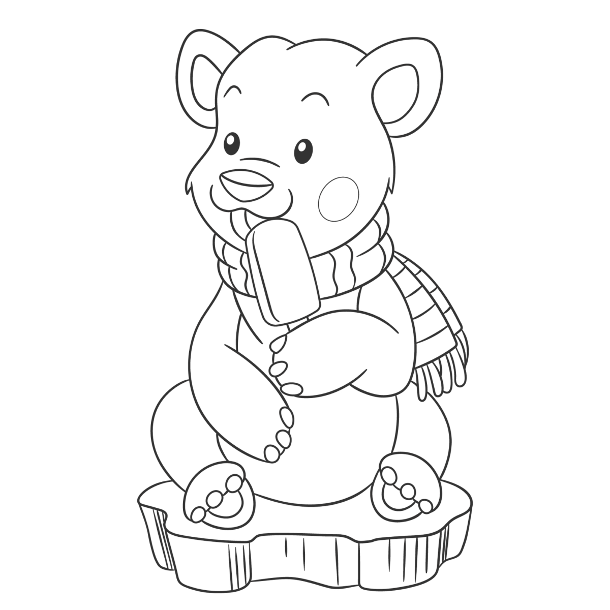 Urso polar de cachecol sentado no gelo para colorir