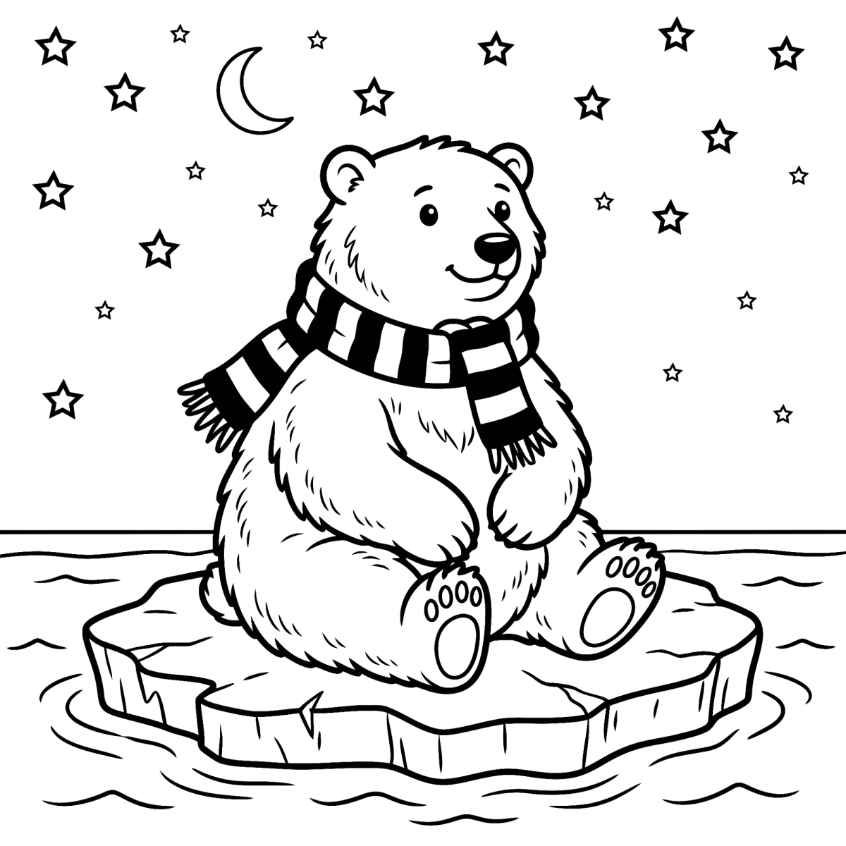 Urso polar de cachecol sob as estrelas para colorir