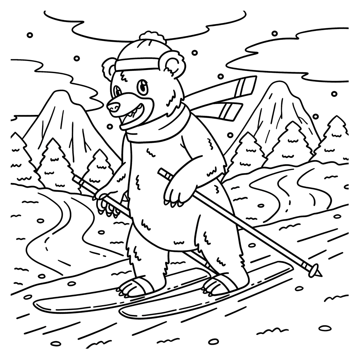 Urso polar esquiando nas montanhas para colorir