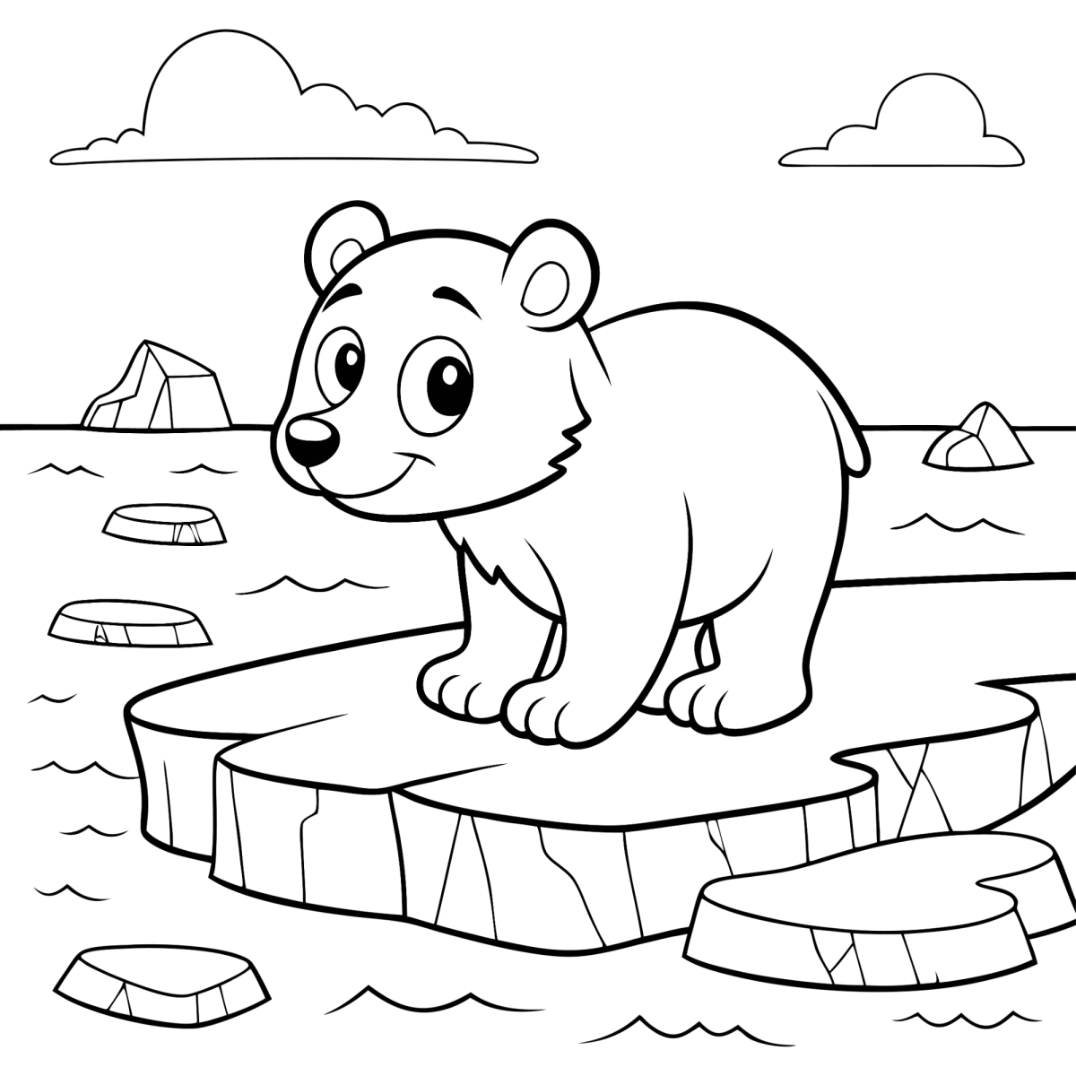 Urso polar sorrindo em cima do bloco de gelo para colorir
