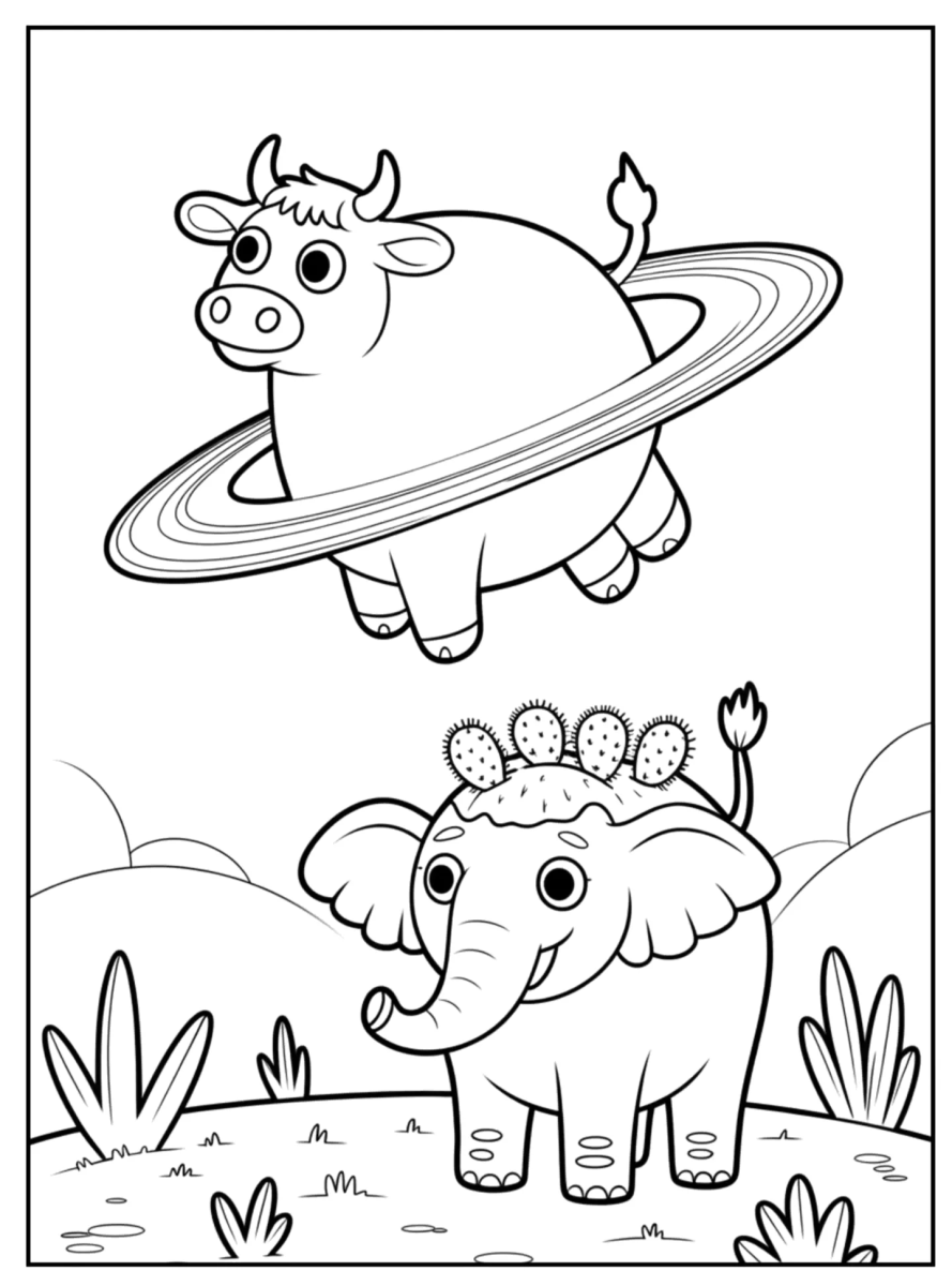 Vaca Saturno voando sobre o elefantinho para colorir