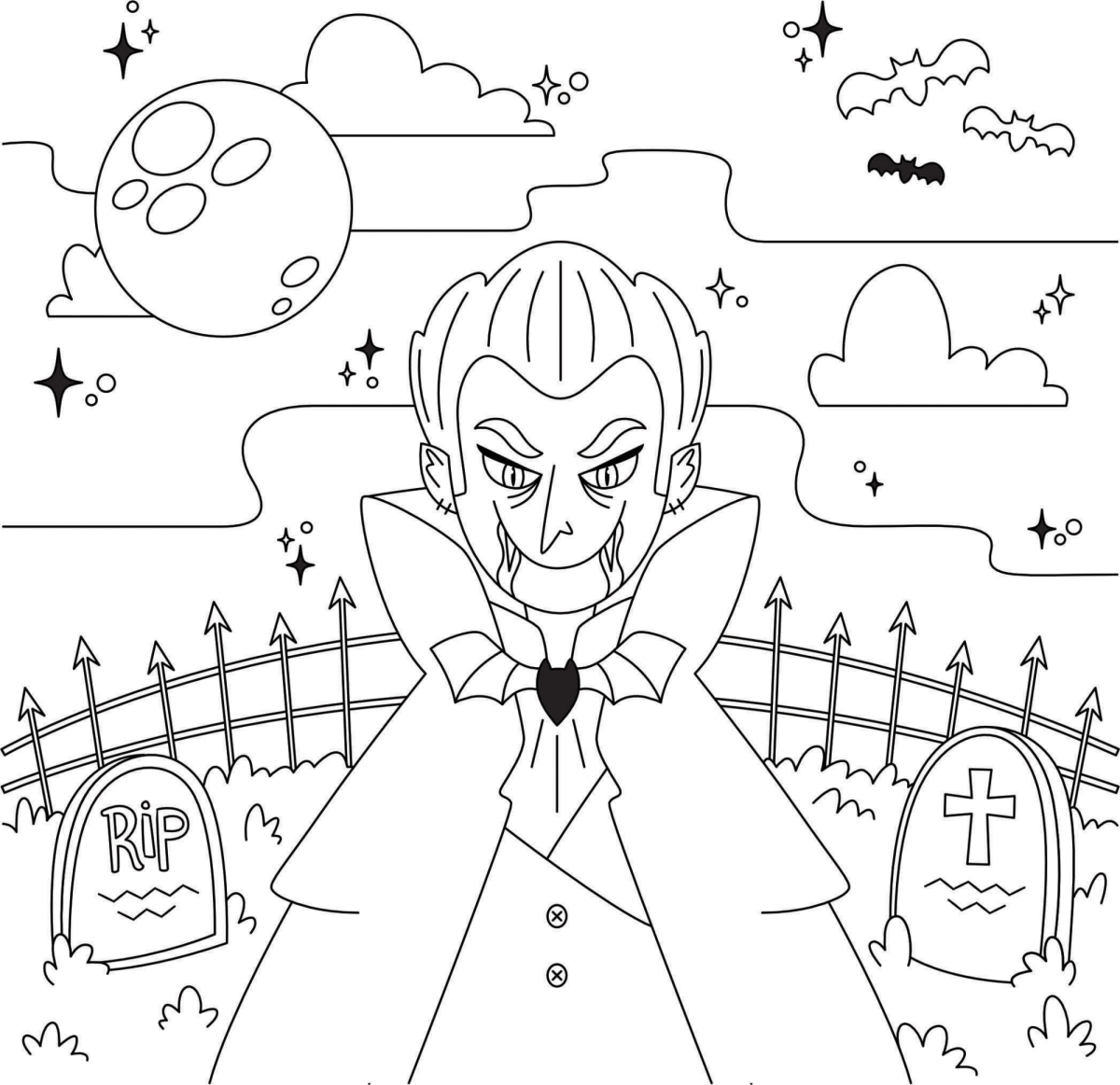 Vampira no cemitério sob a lua para colorir