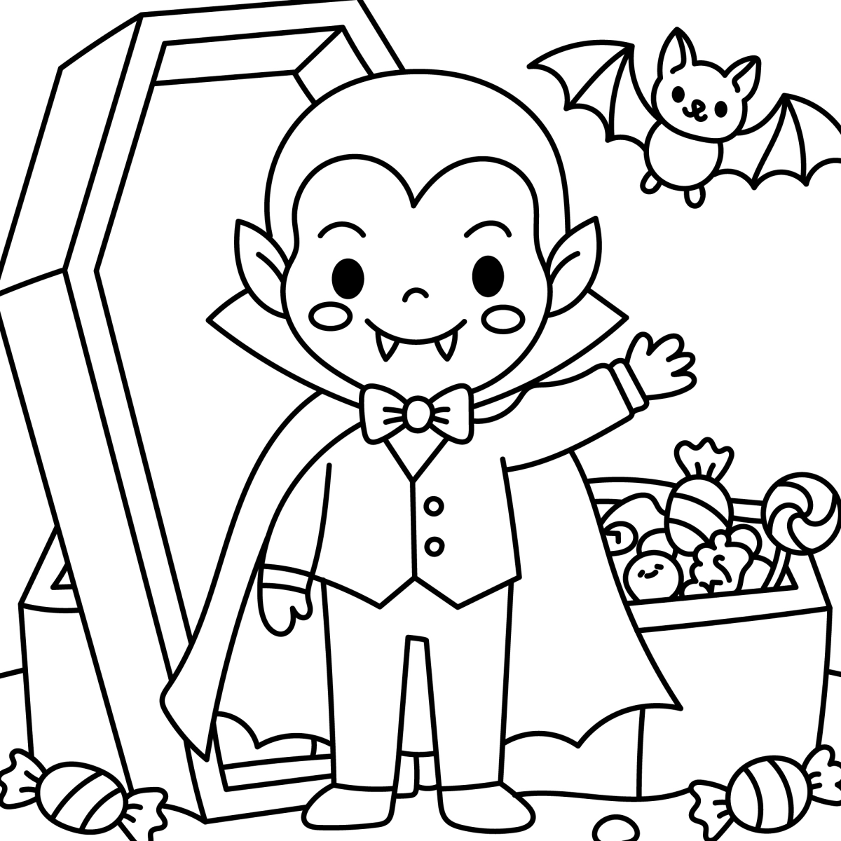 Vampirinho com caixão e doces para colorir
