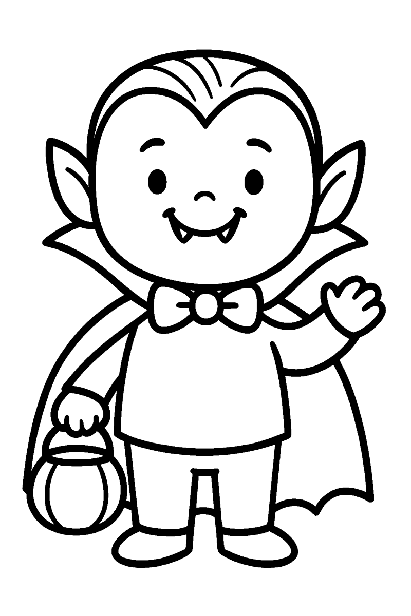 Vampirinho com cesta de doces acenando para colorir