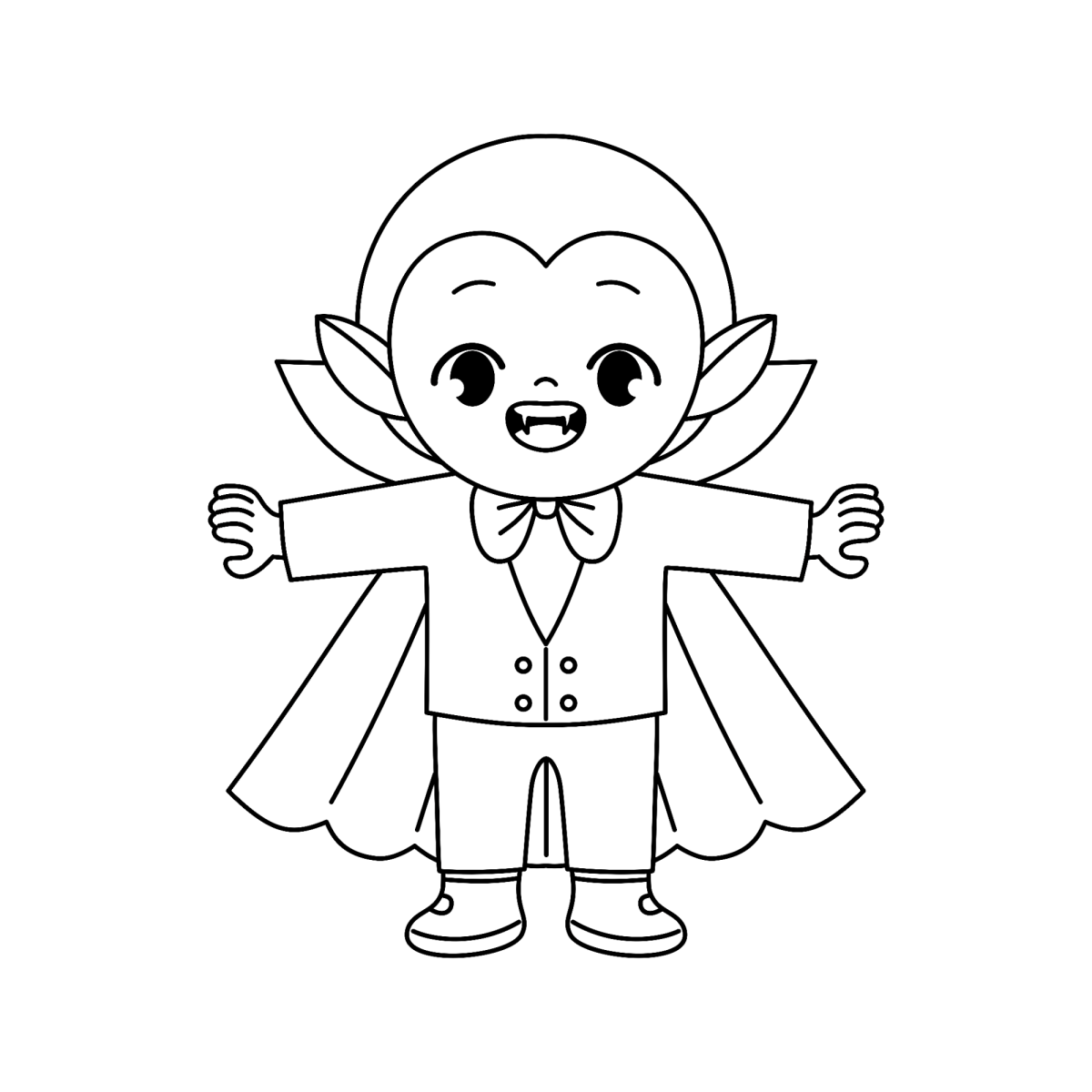 Vampirinho de capa com os braços abertos para colorir