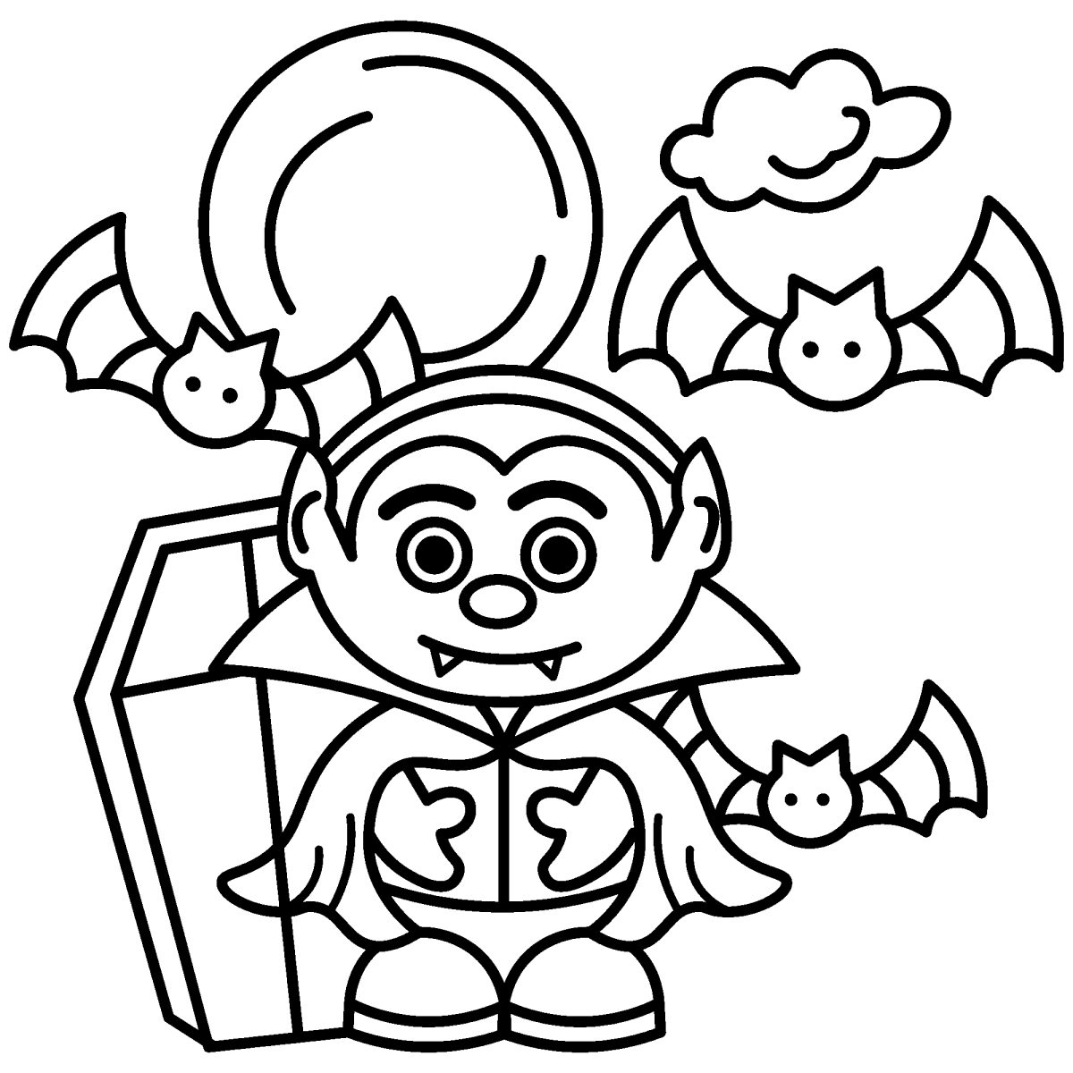 Vampirinho saindo do caixão com morcegos para colorir