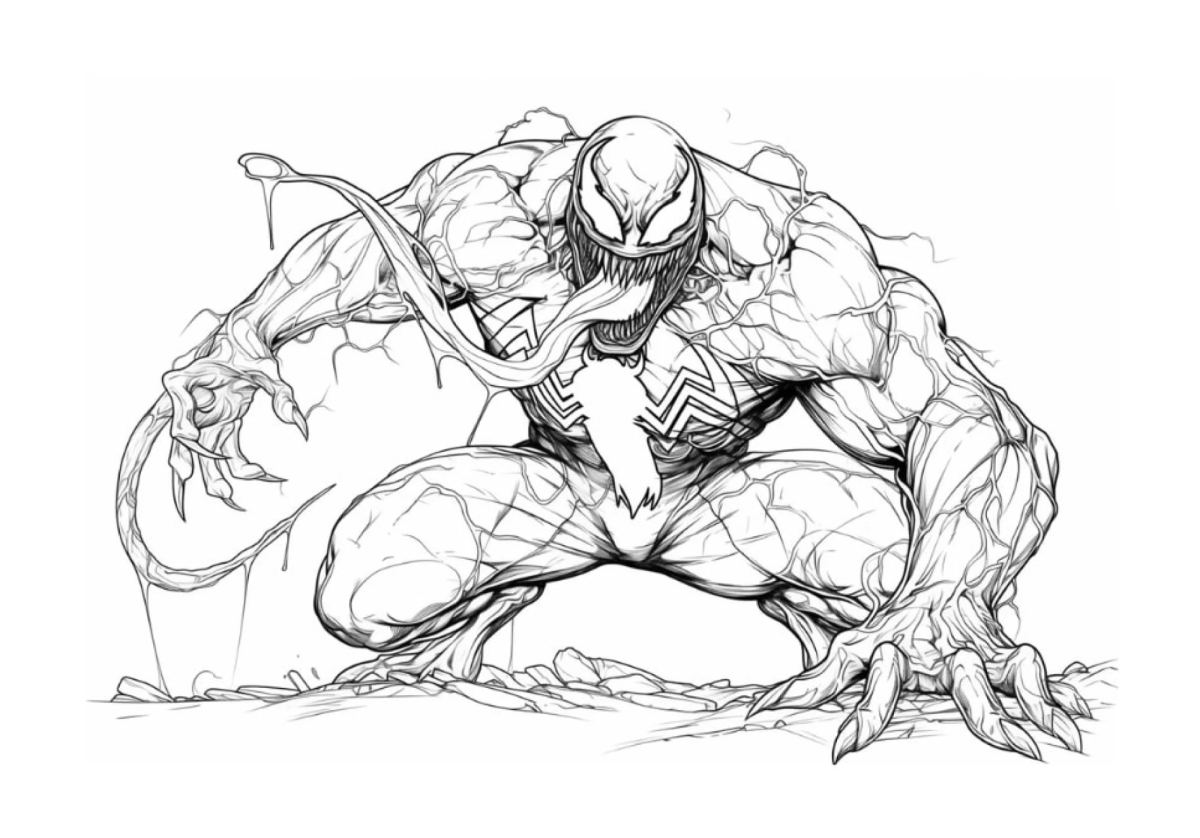 Venom agachado sobre as pedras para colorir