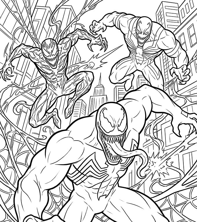 Venom, Carnificina e Homem-Aranha em batalha para colorir