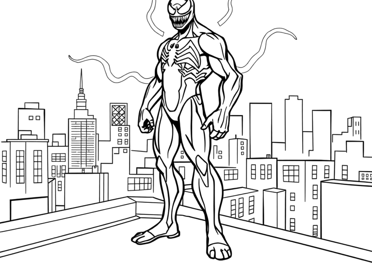 Venom no telhado observando a cidade para colorir