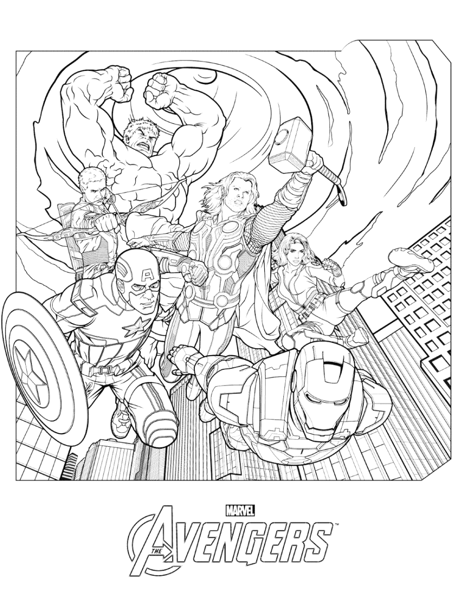 Vingadores lutando juntos contra o inimigo para colorir