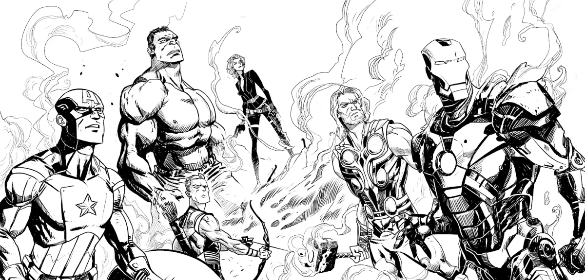 Vingadores prontos para o combate para colorir