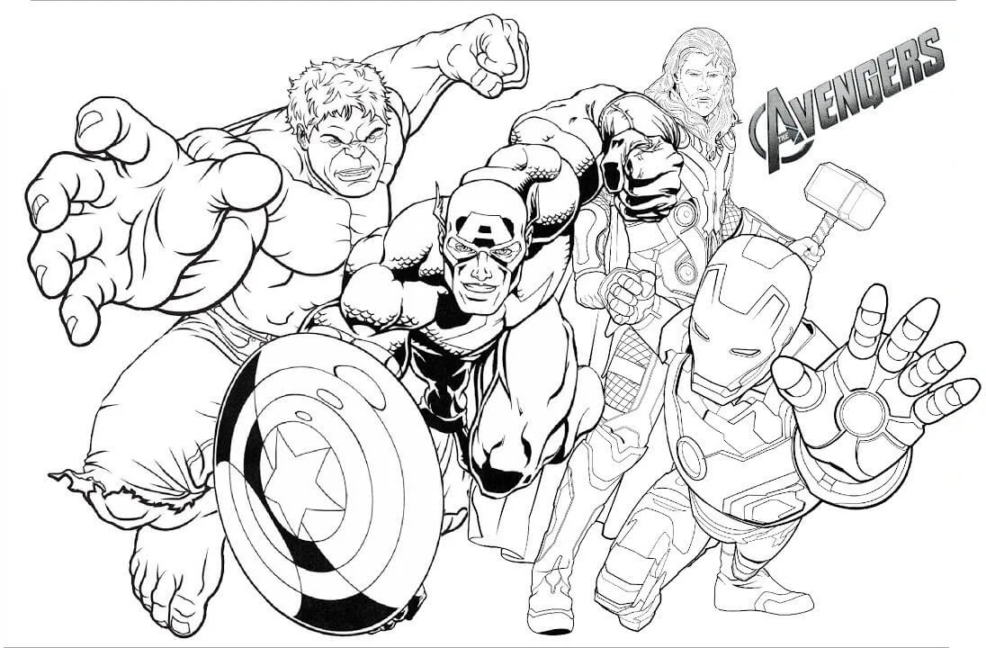 Vingadores versão infantil correndo para a aventura para colorir