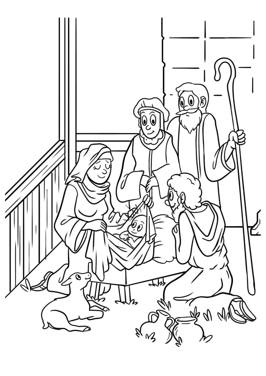 Visita dos pastores ao Menino Jesus para colorir
