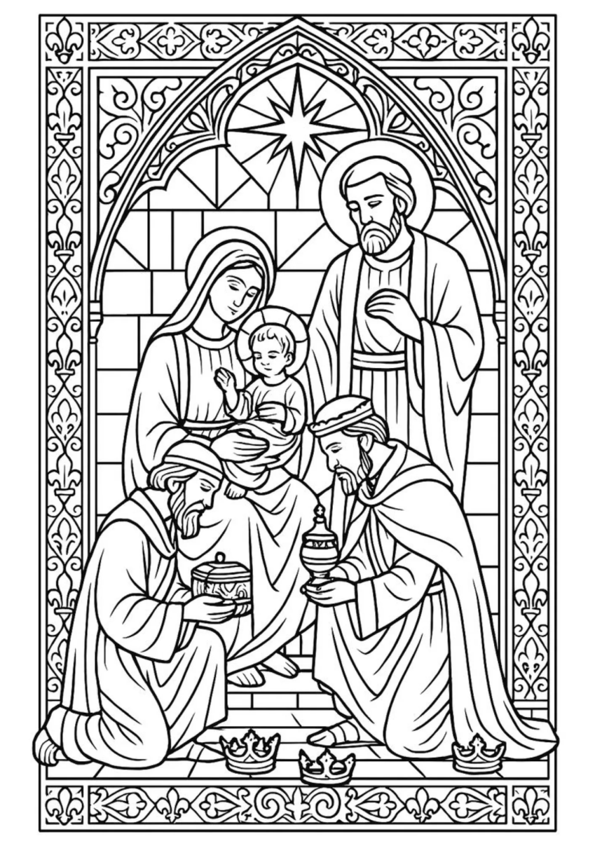Vitral com os Reis Magos adorando o Menino Jesus para colorir