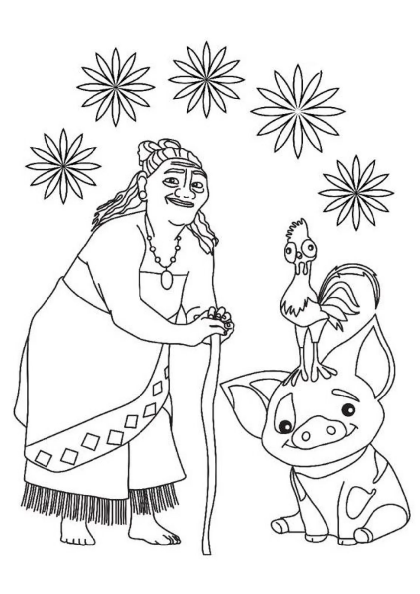 Vovó Tala e a pequena Moana para colorir