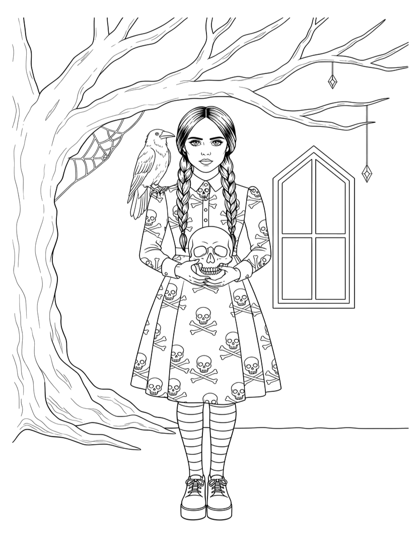 Wandinha com a caveira debaixo da árvore para colorir