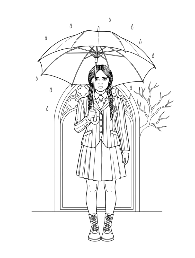 Wandinha com guarda-chuva na chuva para colorir