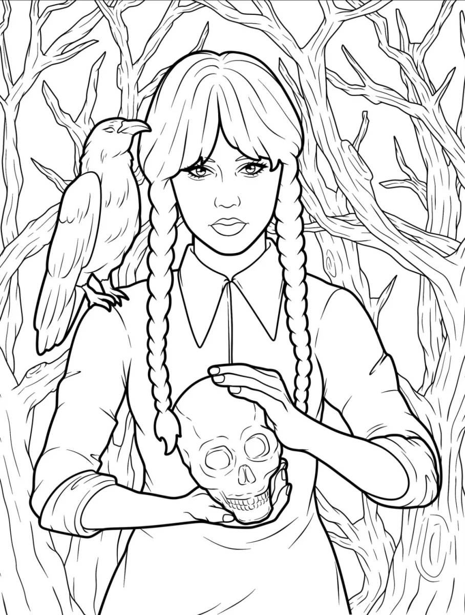 Wandinha com o corvo e a caveira para colorir
