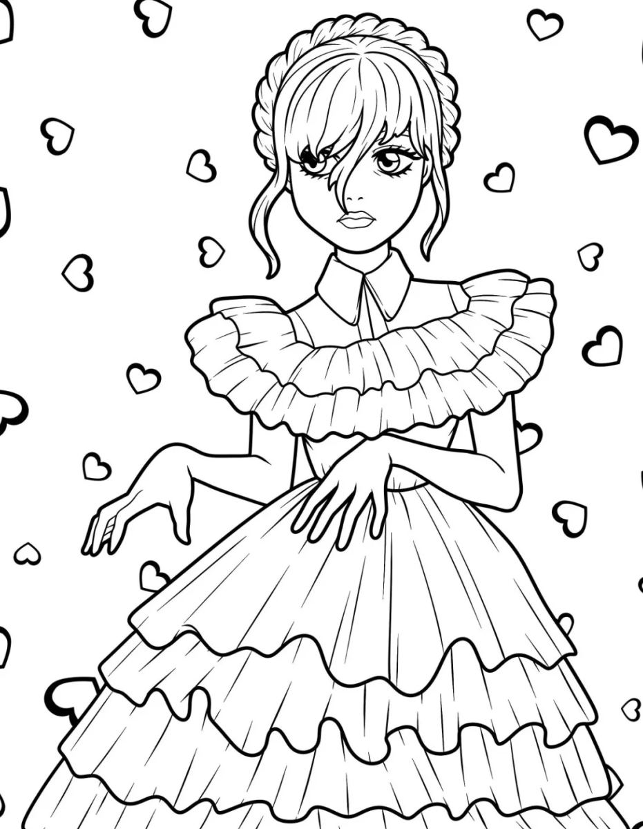 Wandinha com vestido de babados e corações para colorir