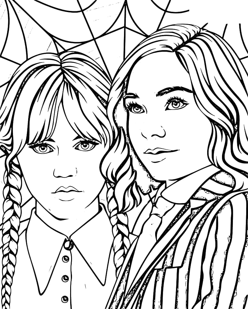 Wandinha e Enid entre teias de aranha para colorir