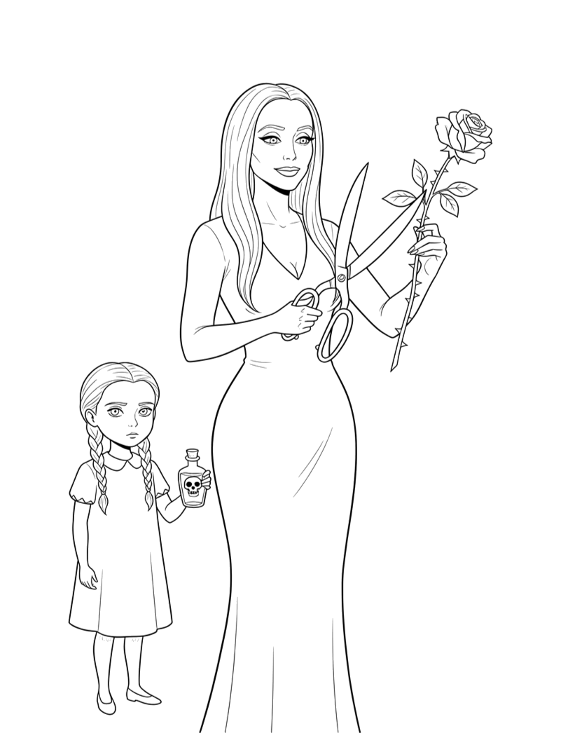 Wandinha e Mortícia com uma rosa para colorir