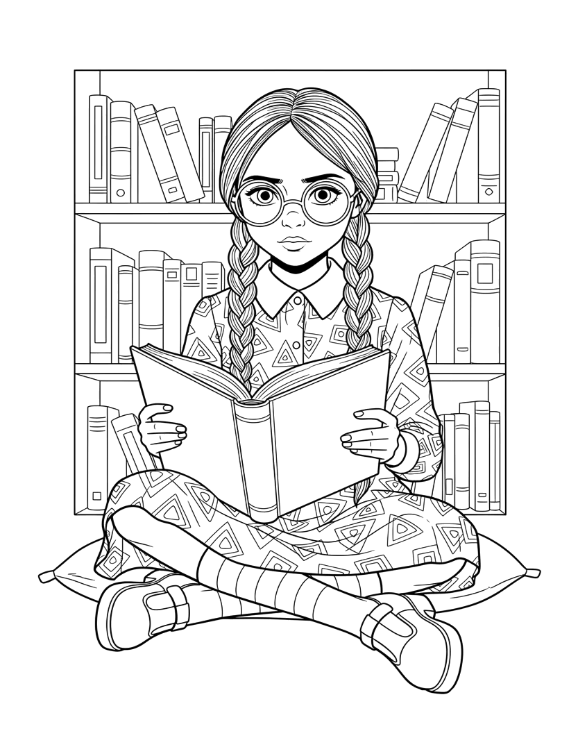 Wandinha lendo na biblioteca para colorir