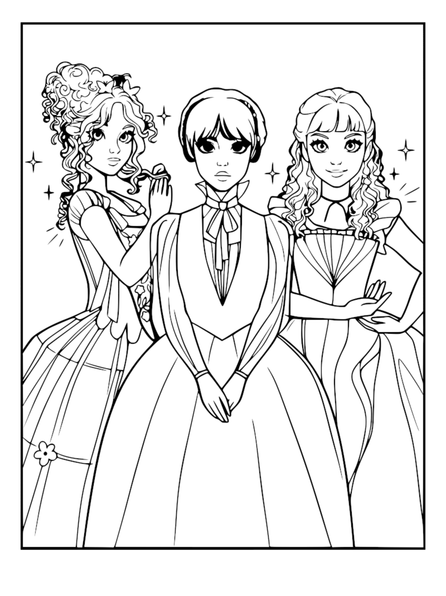 Wandinha no baile com as amigas para colorir