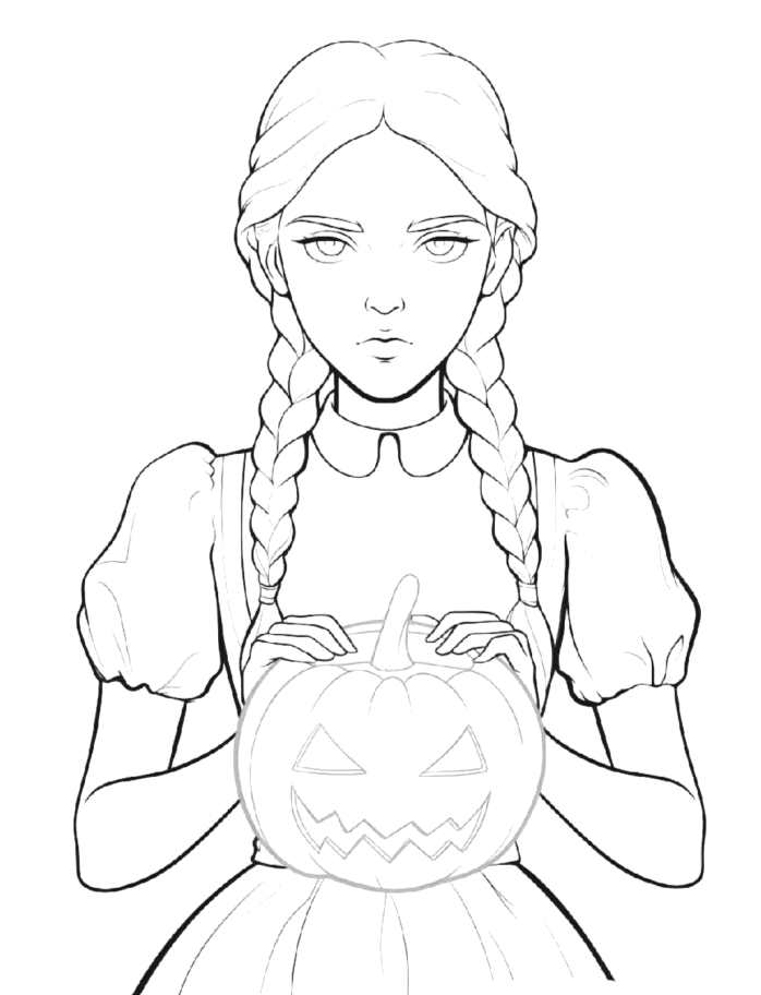 Wandinha segurando a abóbora de Halloween para colorir