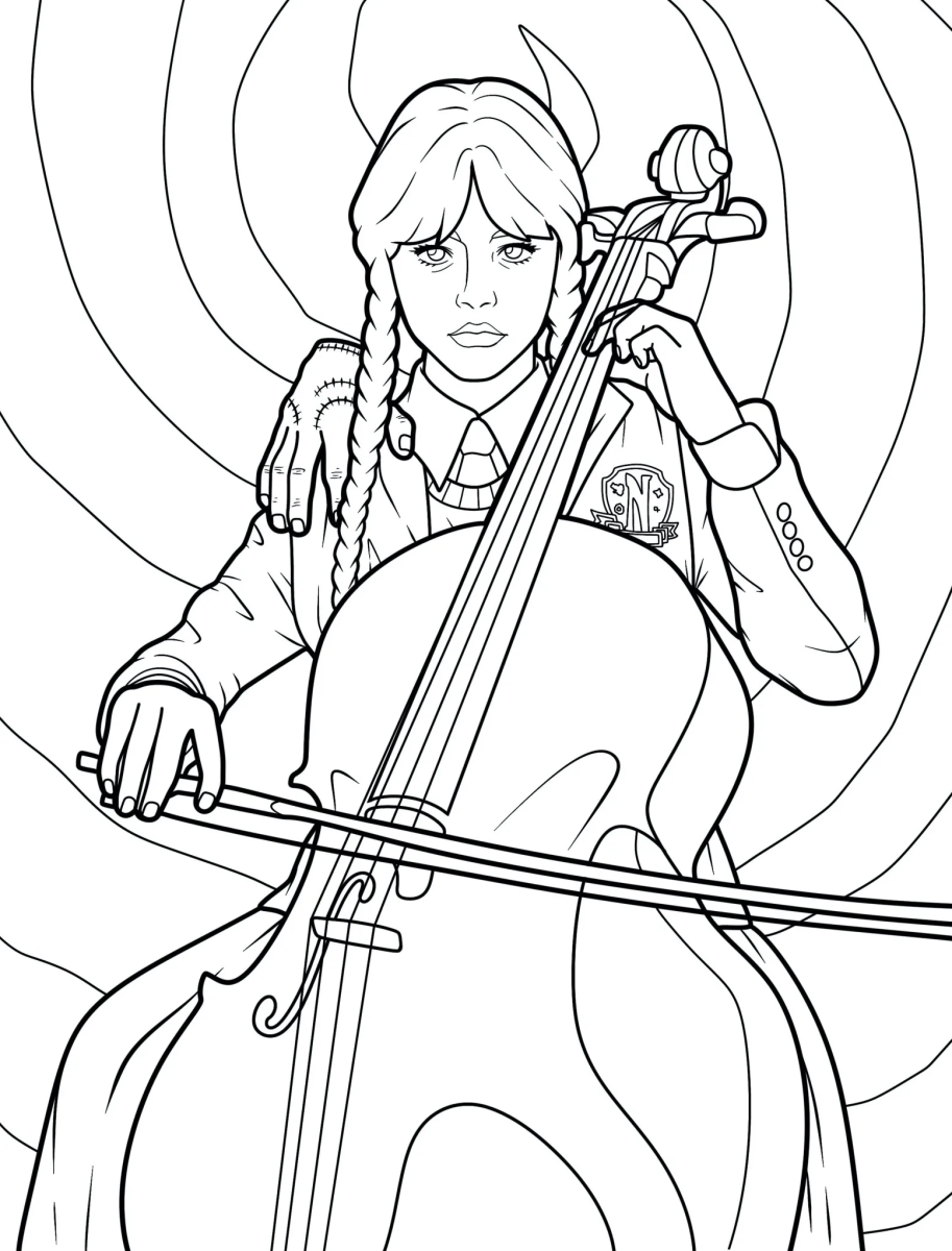 Wandinha tocando violoncelo para colorir
