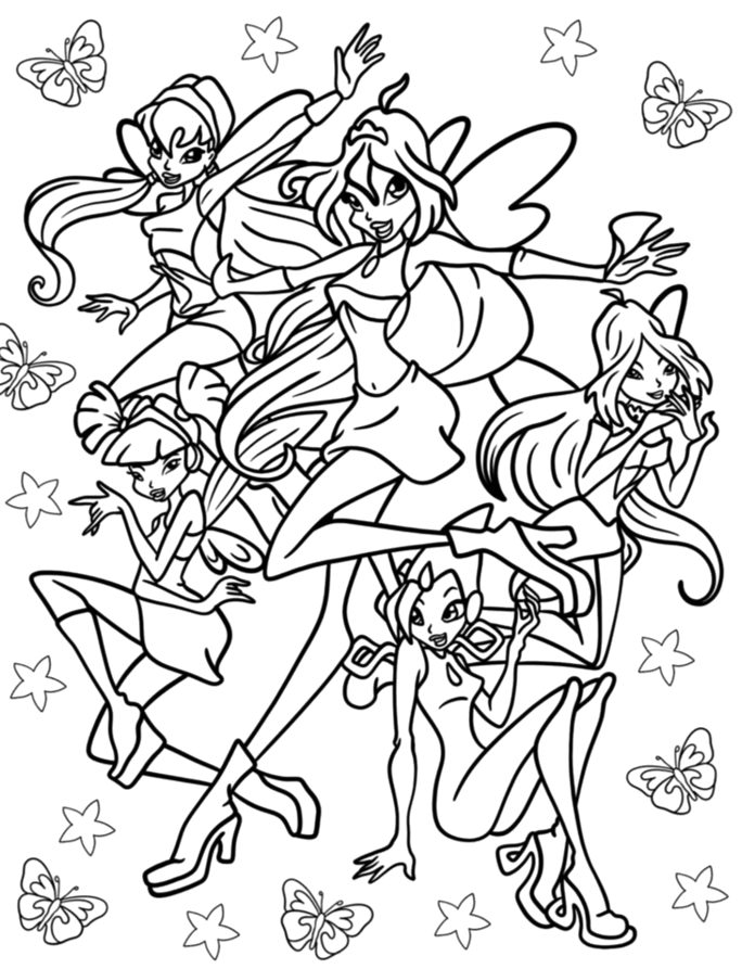 Winx em cena de poder com asas abertas para colorir