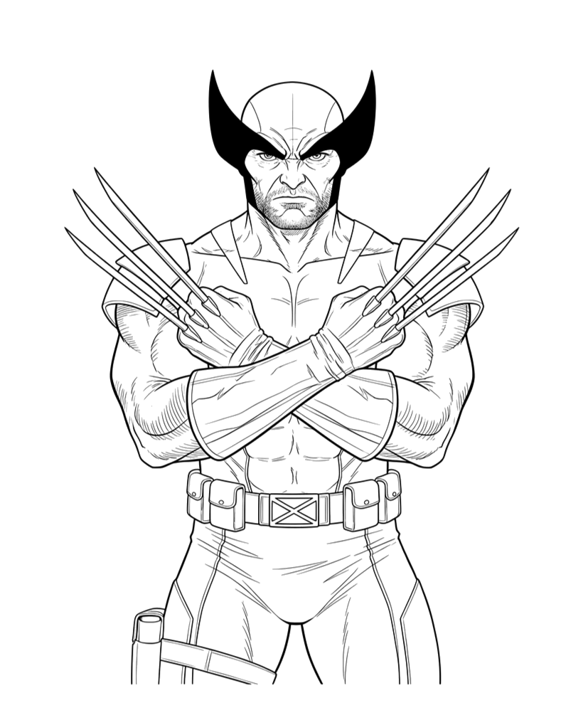 Wolverine de braços cruzados exibindo as garras para colorir