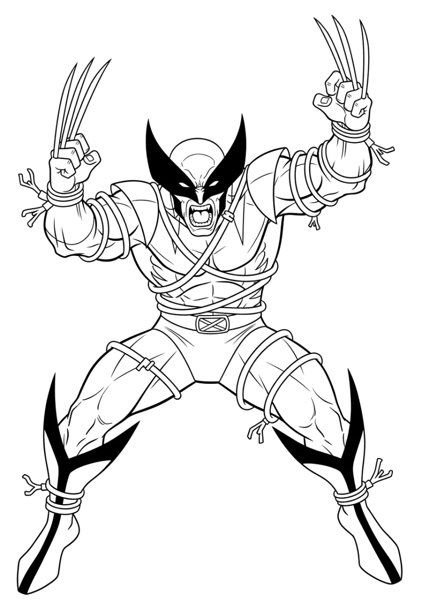 Wolverine de pé com as garras abertas para colorir