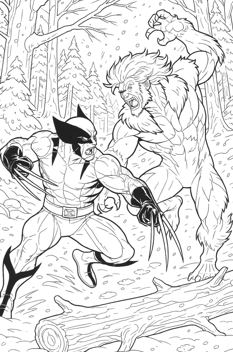 Wolverine lutando com Dentes-de-Sabre na floresta para colorir