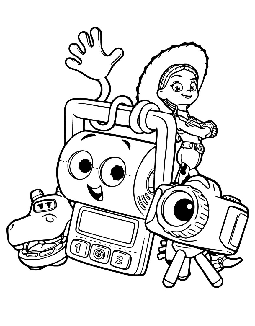 Woody com os novos amigos de Toy Story 5 para colorir