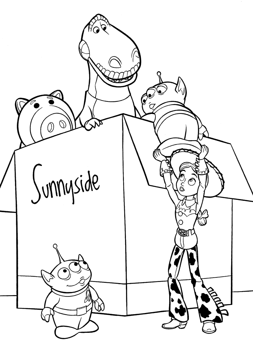 Woody e Buzz saindo da caixa de brinquedos para colorir