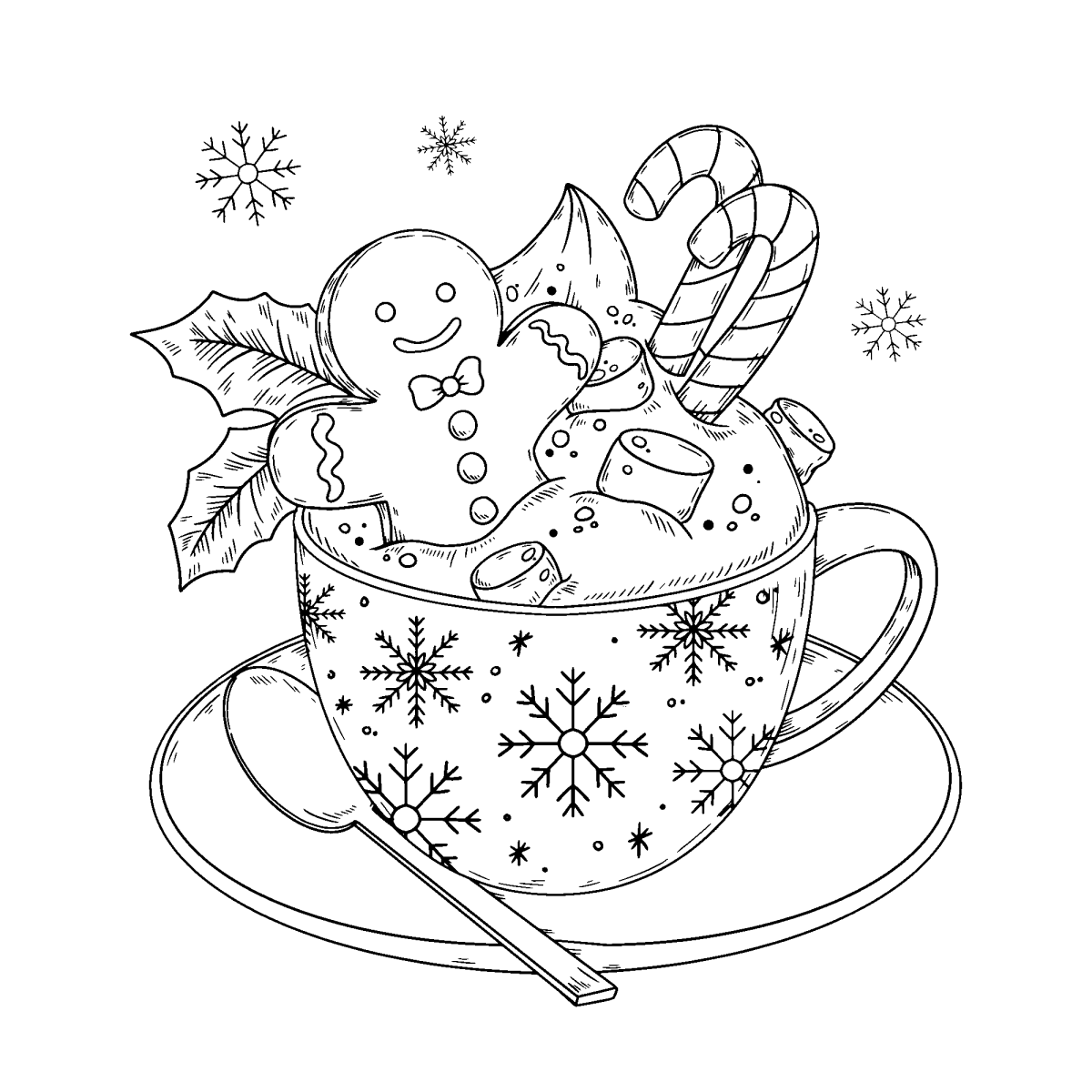 Xícara de chocolate quente com biscoito de gengibre e doces para colorir