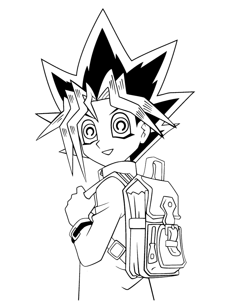 Yugi com a mochila a caminho da escola para colorir