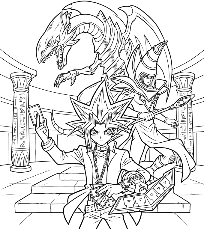 Yugi duelando com o Dragão Branco ao fundo para colorir