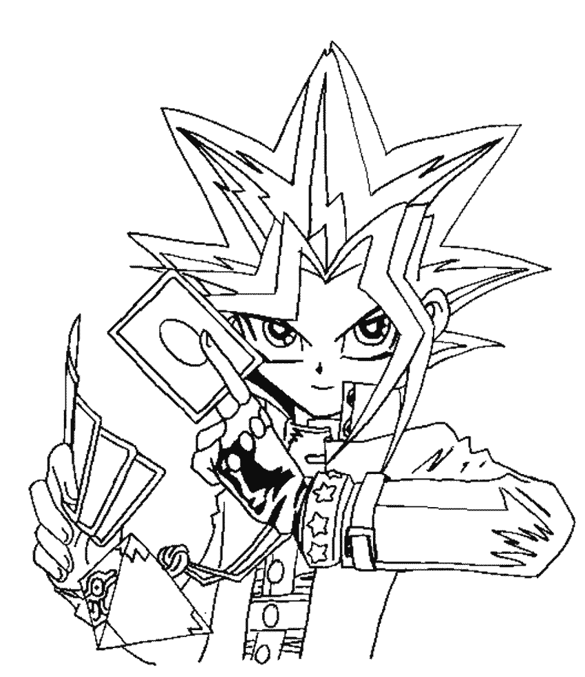 Yugi Muto apontando a carta para o duelo para colorir