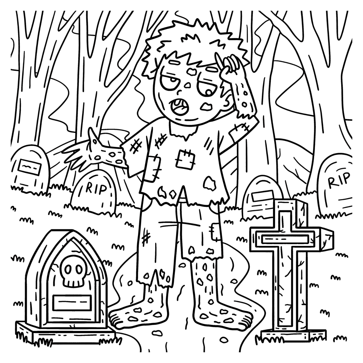 Zumbi menino andando pelo cemitério para colorir