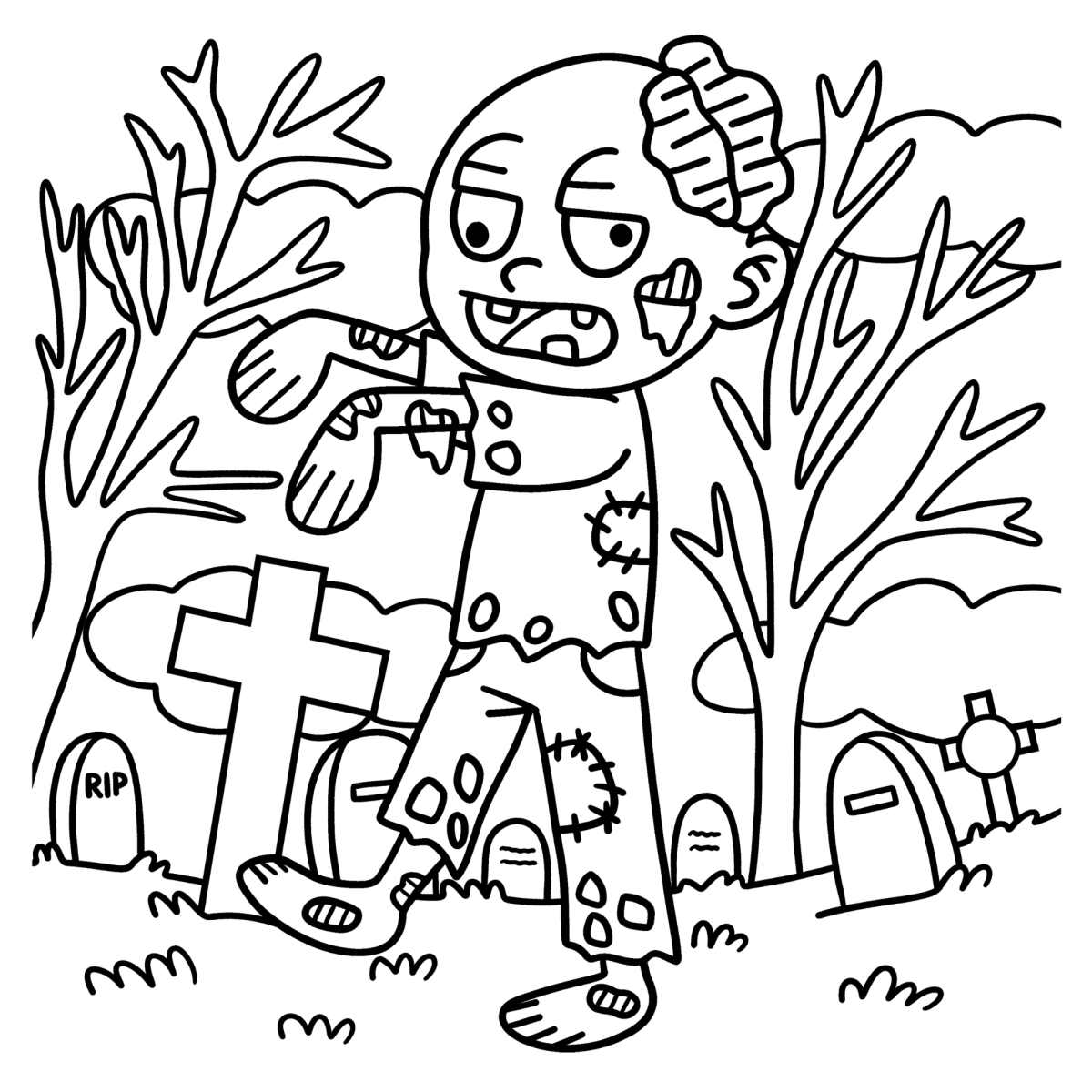 Zumbi saindo da terra entre as lápides para colorir